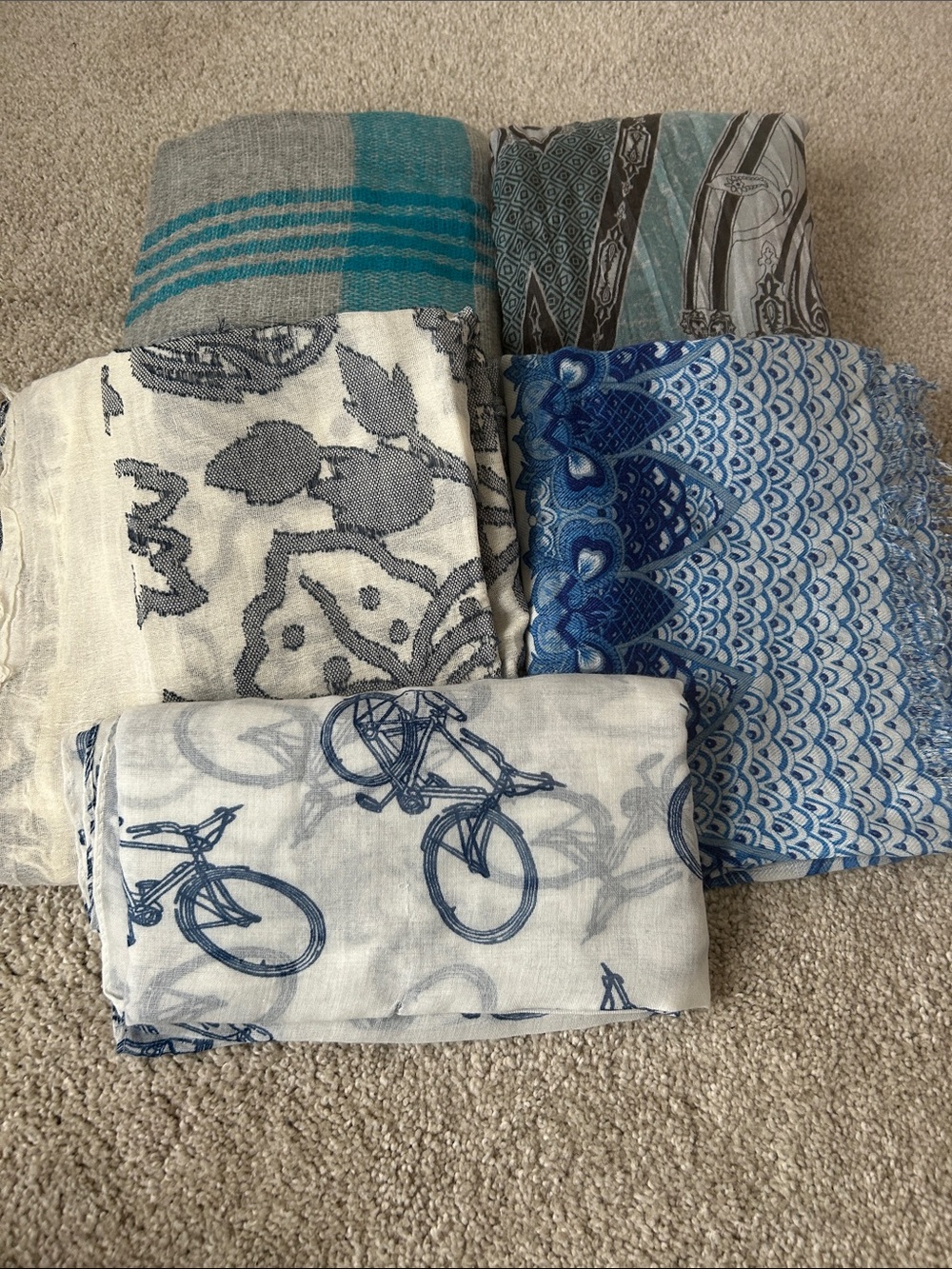 Set of 5 Scarves-Blue, Gray, & Cream